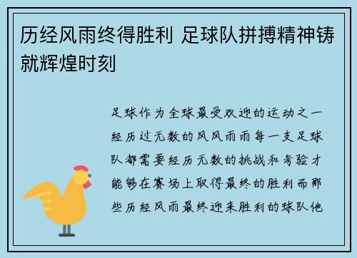 历经风雨终得胜利 足球队拼搏精神铸就辉煌时刻