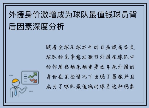 外援身价激增成为球队最值钱球员背后因素深度分析
