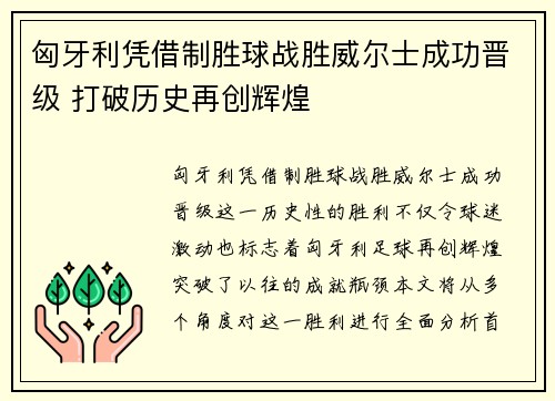 匈牙利凭借制胜球战胜威尔士成功晋级 打破历史再创辉煌