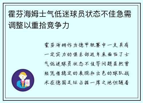 霍芬海姆士气低迷球员状态不佳急需调整以重拾竞争力