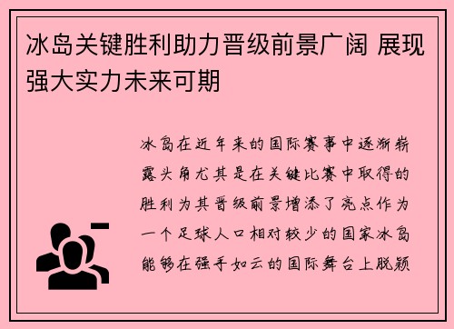 冰岛关键胜利助力晋级前景广阔 展现强大实力未来可期
