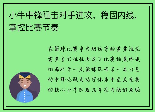小牛中锋阻击对手进攻，稳固内线，掌控比赛节奏