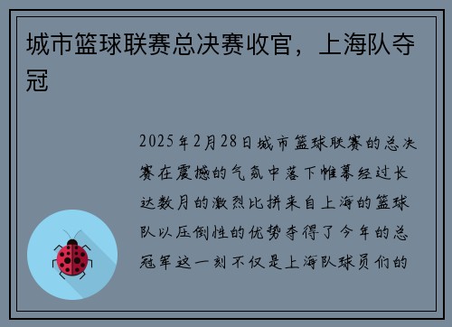 城市篮球联赛总决赛收官，上海队夺冠