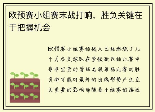 欧预赛小组赛末战打响，胜负关键在于把握机会