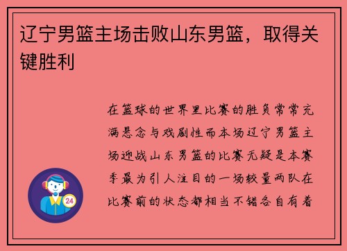 辽宁男篮主场击败山东男篮，取得关键胜利