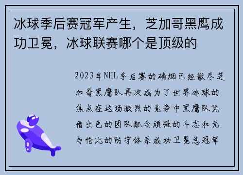 冰球季后赛冠军产生，芝加哥黑鹰成功卫冕，冰球联赛哪个是顶级的