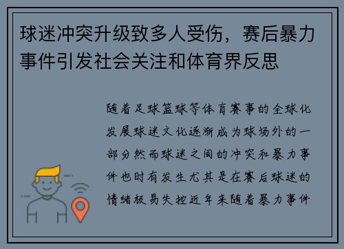 球迷冲突升级致多人受伤，赛后暴力事件引发社会关注和体育界反思